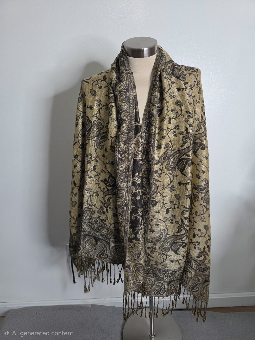 Pashmina Silk Blend Reversible Scarf Shawl Gold Black Paisley Fringe 27x72"